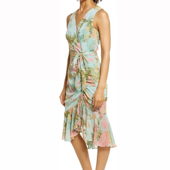 Eliza J Min Blue Pink Floral Sleeveless V-Neck Faux Wrap Front Ruffle Midi Dress - Picture 6 of 13